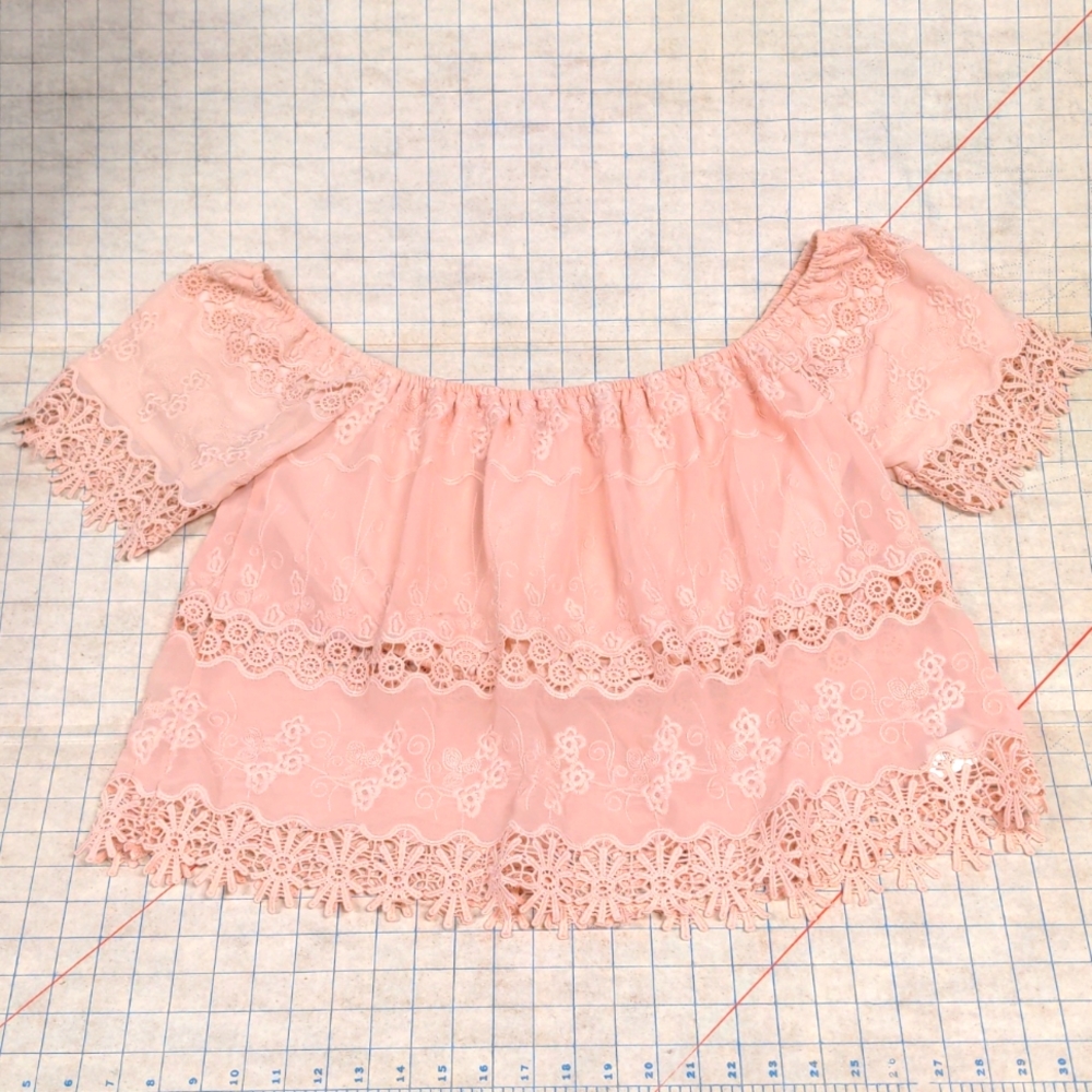 L Pink sheer and floral lace Crop top lined elastic off shoulder sleeve i jeans
